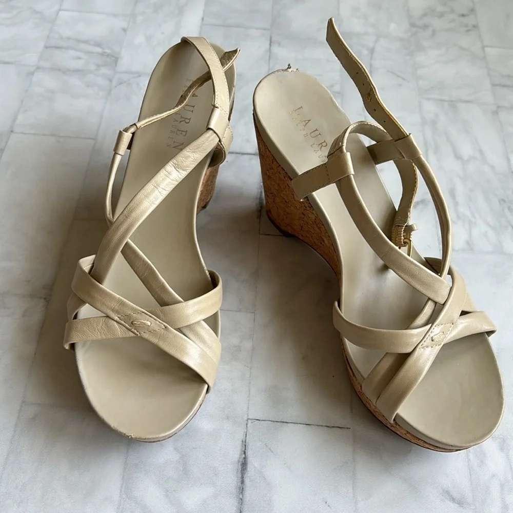 Lauren Ralph Lauren Strappy Leather Cork Wedges (Size 7.5)